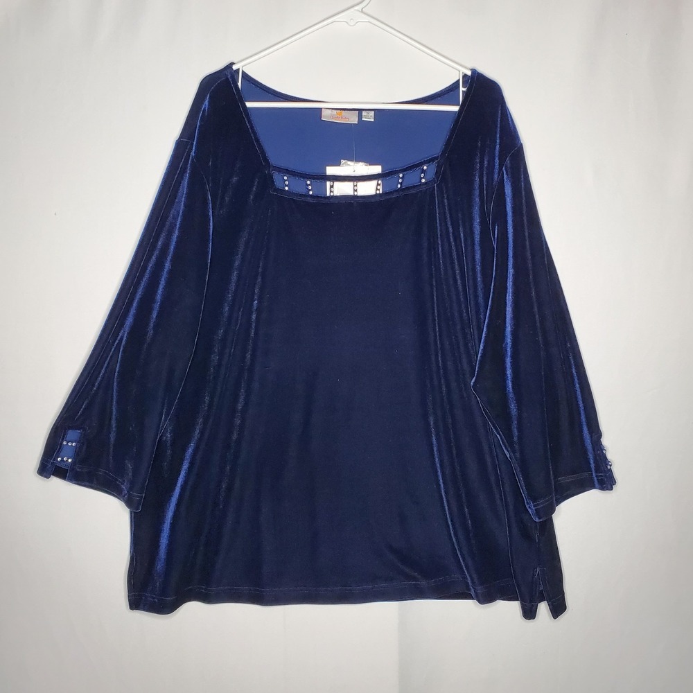 The Quacker Factory Velour Sequin Top Women 3X Royal Blue Square‎ Neck Cutout
